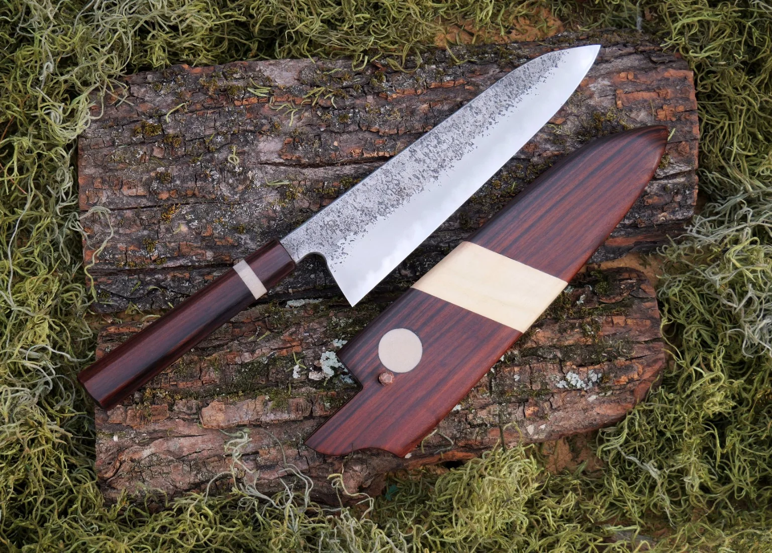 26C3 and mild-steel gyuto with Bolivian rosewood handle and saya